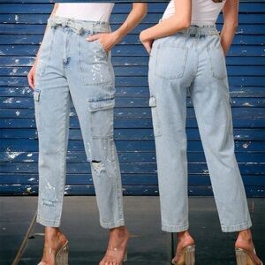 Easel Los Angeles -High Rise Paint Splatter Light Distressing Cargo Jeans